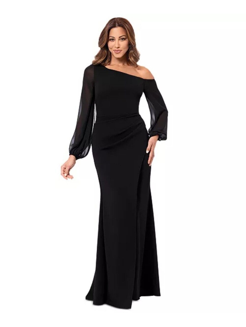 Betsey Adam Black Formal Gown 20W Plus Size Long Sleeve Ruched Evening Dress NWT